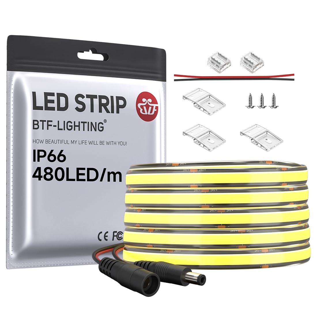 BTF-LIGHTING COB LED Strip Light 5M FCOB 480LEDs/M Dimmable Light Uniformity Flexible High Density Natural White 24V 8mm Width Black PCB LED Tape IP66 for Indoor Decoration(Only LED Strip) — image 1