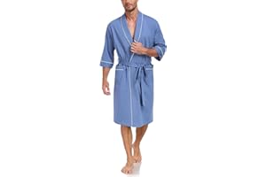 EA'S SECRET 100% Cotton Mens Lightweight Robe Summer Short Sleeve Bathrobe Soft Knee Length Robe with Pockets