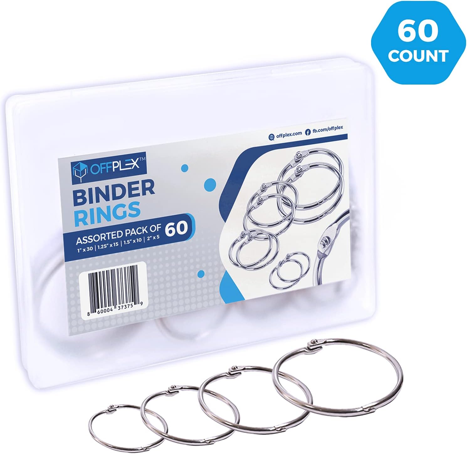 OFFPLEX (60 Pack) Loose Leaf Binder Rings Assorted Sizes (1, 1.25, 1.5, 2 Inch), Premium Nickel Plated Steel Book Rings for School and Office Use, Book Binder Rings in a Convenient Storage Box : Office Products