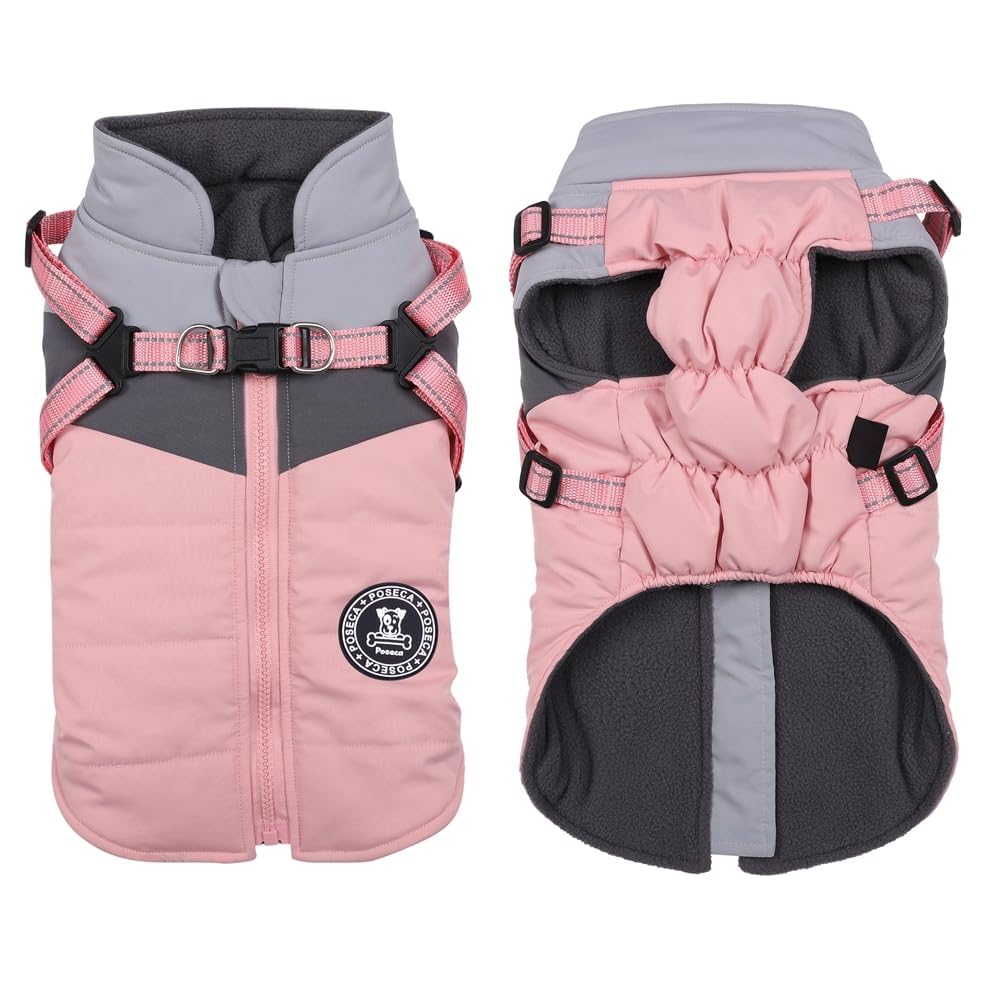 Poseca Dog Coat with Built-in Harness | 3-in-1 Waterproof Winter Jacket & Raincoat | Reflective Warm Puppy Clothes for Small Medium Dogs | Outdoor Walking (Pink, XL) โ image 1