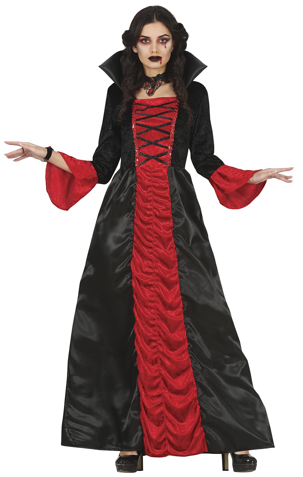 FIESTAS GUIRCA Vampire Countess - Long Elegant Red and Black Dress Fancy Dress Costume Adult Woman Size S 8-10