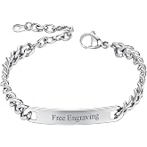 ChainsHouse Personalized ID Bracelet for Men Women Stainless Steel Cuban Curb Link Chain Custom Engrave Bar Bracelet Bangle, 7mm Width, 19-21CM, Send Gift Box