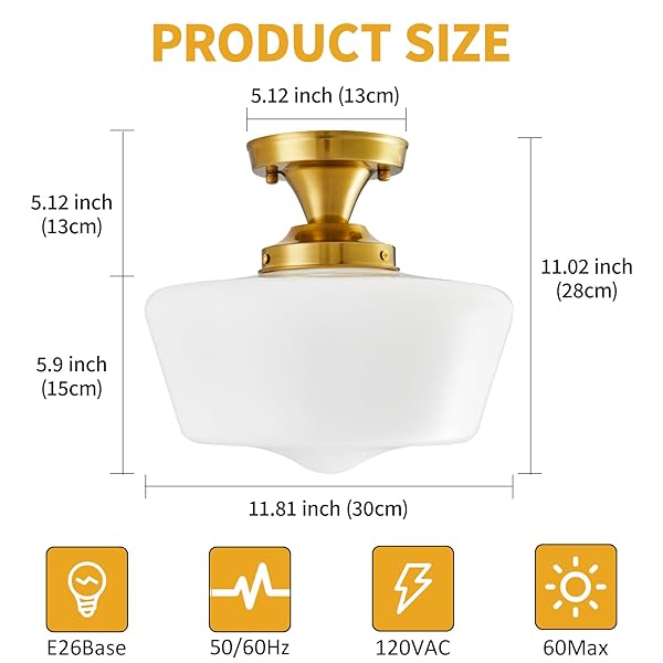 YOUNGRENDER SCHOOLHOUSE LIGHT FIXTURE MODERN GOLD CEILING LIGHT,SEMI FLUSH MOUNT CEILING LIGHT,12”WIDE OPAL MILK GLASS SHADE,BRASS VINTAGE LIGHT FOR FARMHOUSE BEDROOM KITCHEN HALLWAY ENTRYWAY