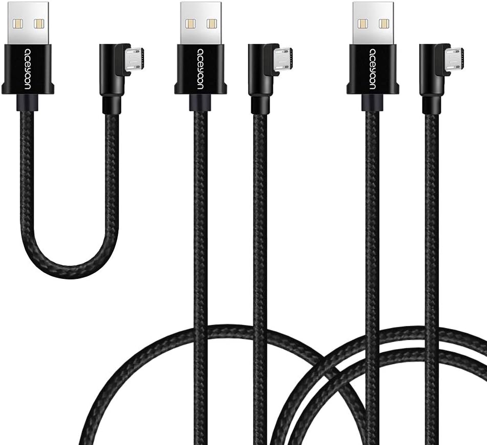 aceyoon 90 Degree Android Charger Cable 1ft 3ft 6ft 3Pack Right Angle Micro USB Cable Braided L Shaped Micro B Cord Fast Charging Data Sync Compatible for Galaxy S6/S7 Edge, G5 Plus, PS4 Controller