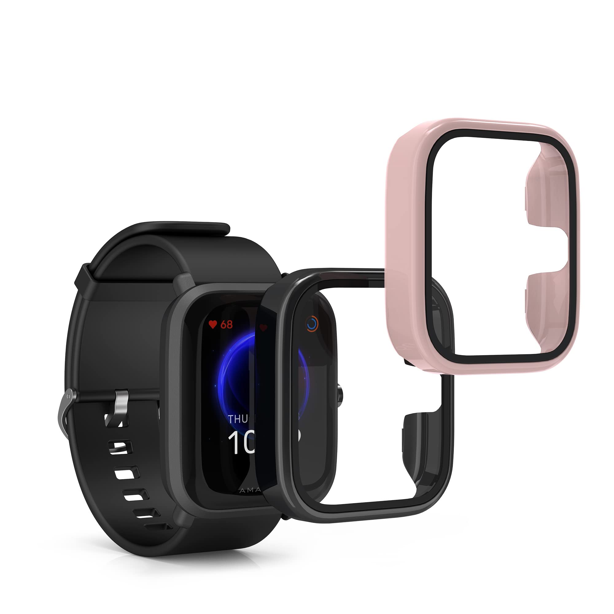 kwmobile Cover Compatible with Huami Amazfit Bip U/Bip U pro Covers - 2x Tempered Glass with Plastic Frame - Black/Vintage Pink