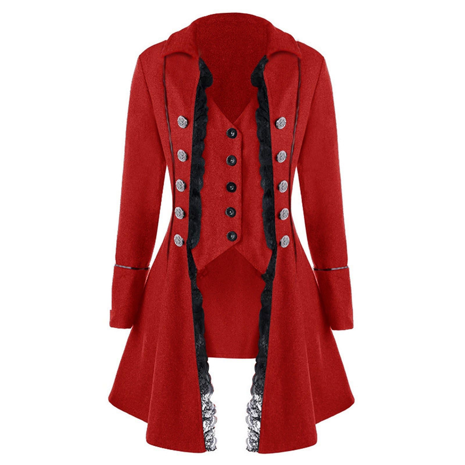 Photo 1 of Wollmix Halloween Pirate Costume Steampunk Jacket for Women Victorian Vampire Lace Tailcoat Gothic Medieval Renaissance Coat Red M