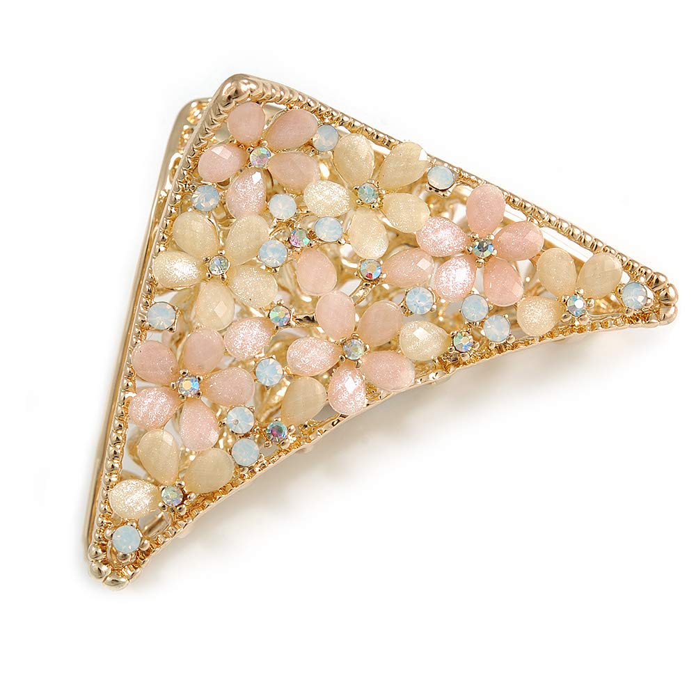 Small AB Crystal Pastel Pink/Caramel Floral Hair Claw/Clamp In Gold Tone - 65mm Across
