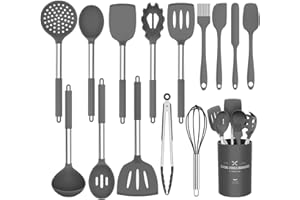 Silicone Cooking Utensil Set,Umite Chef Kitchen Utensils 15pcs Set Non-stick Heat Resistan BPA-Free Stainless Steel Handle Tools Whisk - Grey