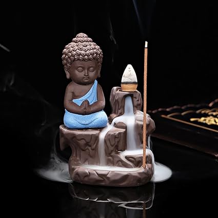 eCraftIndia Meditating Monk Buddha Smoke Backflow Cone Decorative Incense Holder (7 cm x 7 cm x 12, Blue)