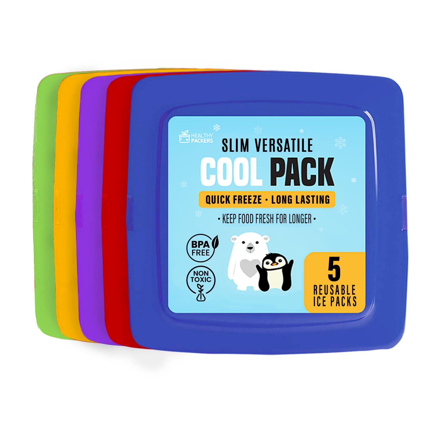 Healthy Packers Multi-Color Slim Long-Lasting Ice Packs for Lunch Box or Cooler Bag (5 or 10 pack)
