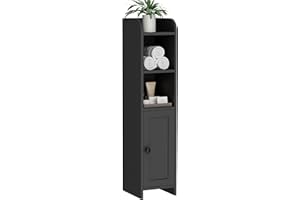 Homhedy Small Bathroom Storage Corner Floor Cabinet with Door and Shelves, Beside The Toilet Paper Stand for Skinny, Narrow Toilet Paper Cabinet, 7.9" D x 7.1" W x 31" H, Black