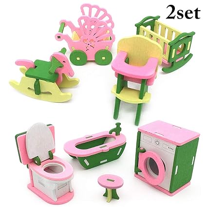 COOFIT 2 Set Furniture Toy Miniature Wooden Doll Furniture Set Dollhouse Furniture Toy