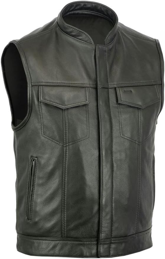 SOA Men's Leather Motorcycle Vest w/2 Inside Gun Pockets