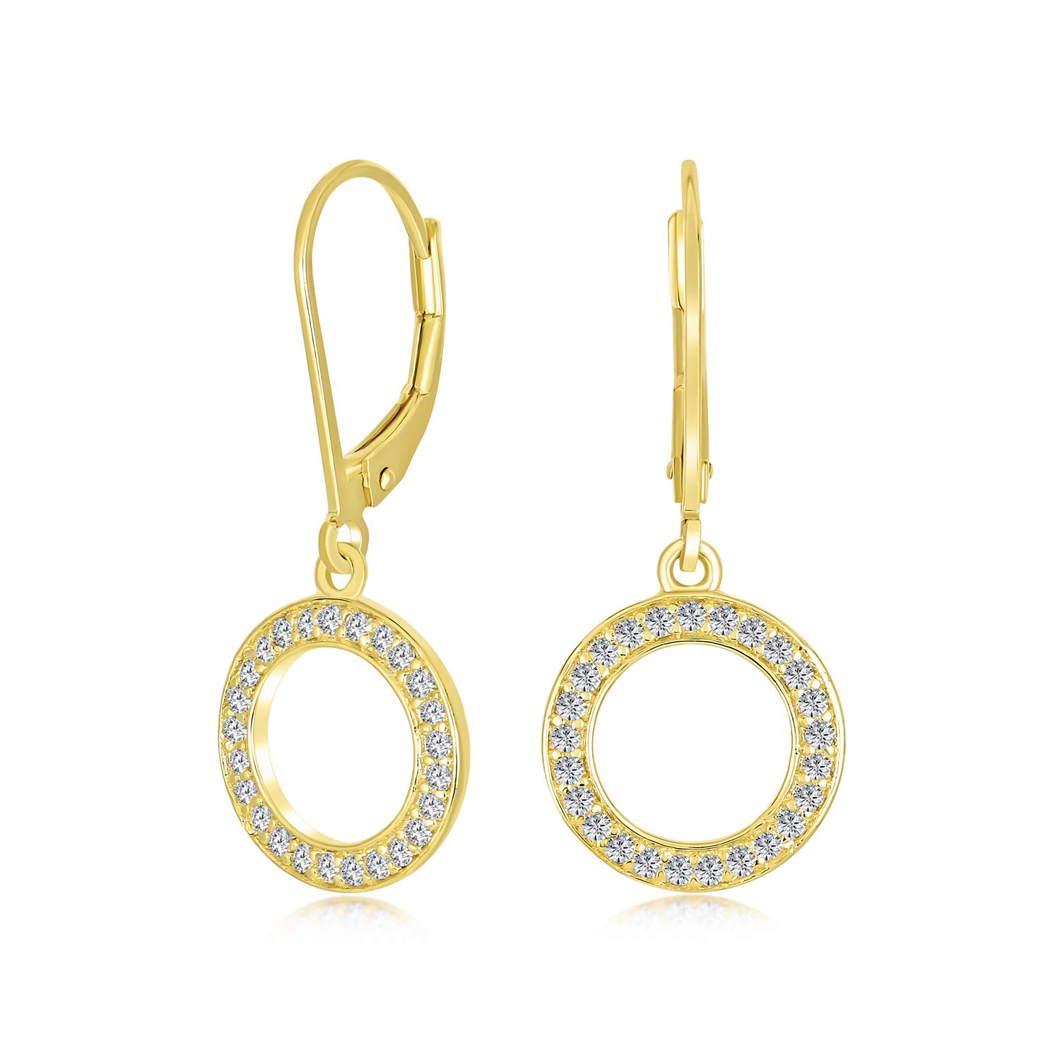 Elegant Classic Geometric Jewelry Pave CZ Round Open Circle Dangle Drop Earrings Yellow Gold Plated Cubic Zirconia for Bridals Women Leverback