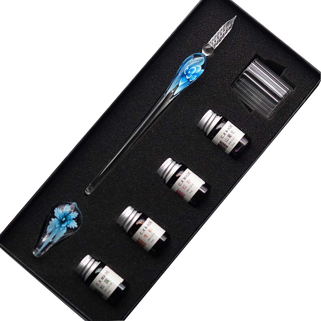 SIPLIV Handmade Crystal Glass Intarsia Dip Pen Fountain Pen Kit Calligraphy Signatures Pen with 4 Colors Ink, Pen Holder, Cleaning Cup, Light blue