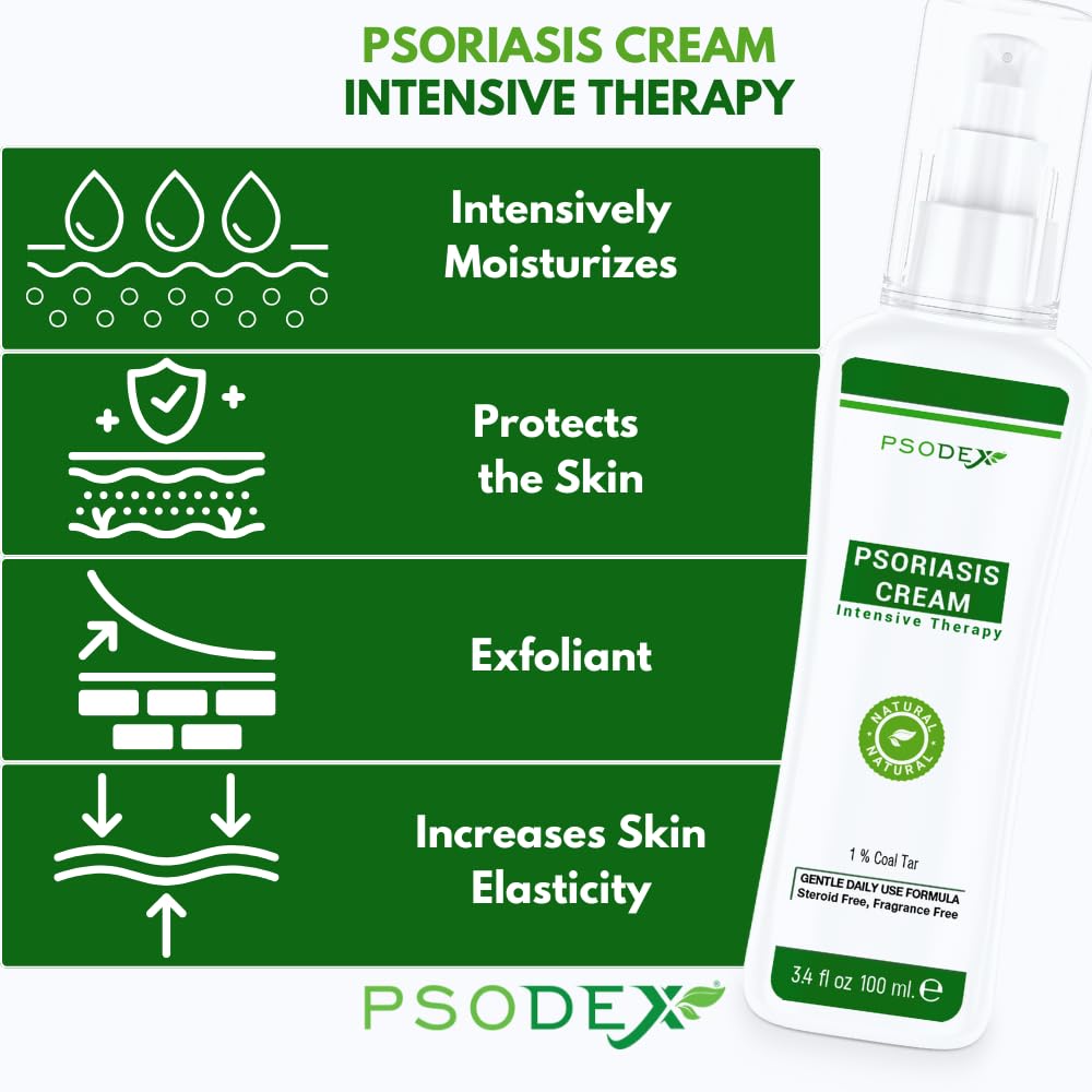 PSODEX Psoriasis Cream – 3.4fl oz Topical Psoriasis Treatment with Coal Tar, Salicylic Acid, Tea Tree Oil, Aloe Vera – All-Natural Ingredients – Soothing and Moisturizing Coal Tar Psoriasis Cream