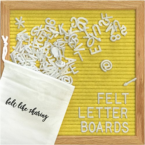 Yellow Felt Letter Board 10x10 Inches. Changeable Letter Boards Include 300 White Plastic Letters & Oak Frame.