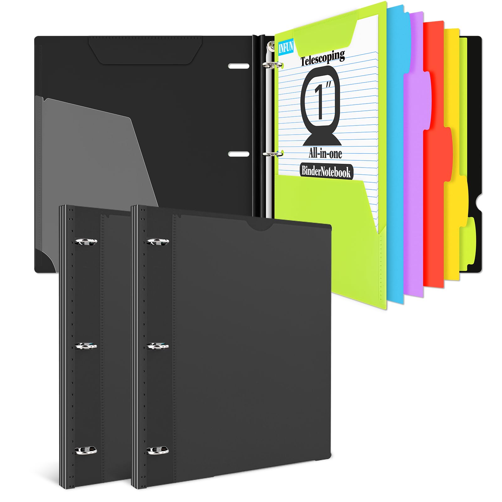 Photo 1 of INFUN 1 INCH All-in-one Telescoping Binder Notebook-2PCS,3 Ring Binder with 1 Plastic Movable Pocket Folder,5 Plastic Subject Dividers and 30 sheets Graph Paper and 30 sheets College Ruled Paper-Black