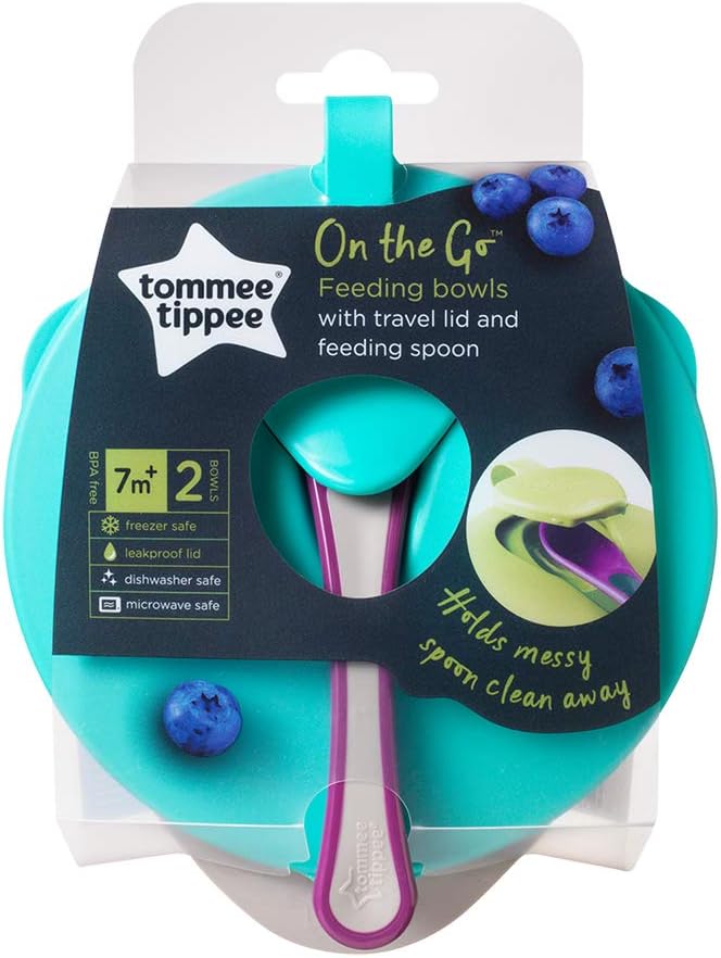 Tommee Tippee Easy Scoop Feeding Bowls with Lid and Spoon for Babies 6m+, Includes 2 Bowls