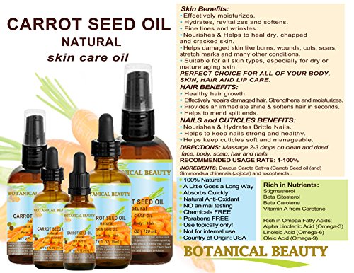 CARROT SEED OIL 100 % Natural Cold Pressed Carrier Oil. 1 Fl.oz.- 30 ml. Skin, Body, Hair and Lip Care. "One of the best oils to rejuvenate and regenerate skin tissues.' by Botanical Beauty