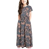 GORLYA Girl's Short Sleeve Floral Print Loose Casual Long Maxi Dress with Pockets 4-12 Years