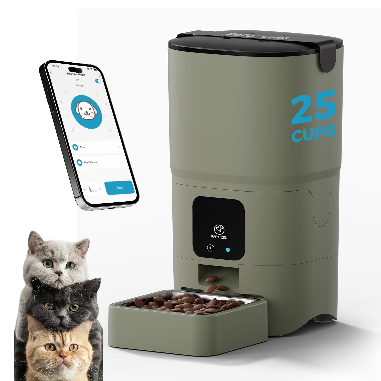 Photo 1 of PAPIFEED Automatic Cat Feeder Upgrade, Smart Cat Feeder 6L - APP/Alexa Control, Dual Power Supply, Anti-chewing Cord, Stainless Steel Bowl, Anti-chewing Design for Cats and Small/Medium Dogs (Greener)