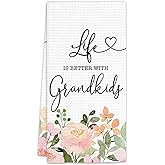 FIicy Grandma Gifts from Grandkids Kitchen Towels, for Grandma Dish Towels, Grandmother Gifts Hand Towels for Kitchen, Better with Grandkids Bathroom Kitchen Decor(16x24 Inch)