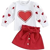 RWYBEIW Kids Toddler Baby Girl Valentine's Day Outfit Lace Long Sleeve Heart Sweatshirt Top with Red Belted Skirt Set