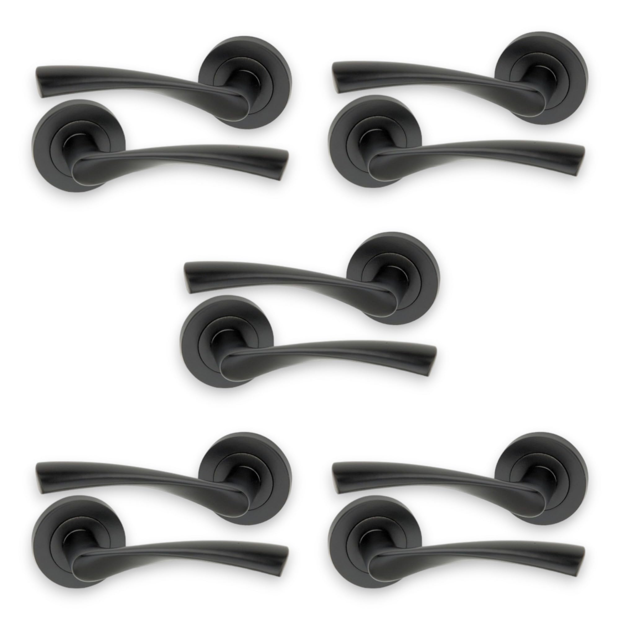 Infinity Decor Pack of 5 Twisted Lever Latch Door Handles on Round Rose Set in Matt Black Finish - Passage Pull Handles for Interior & Exterior Use