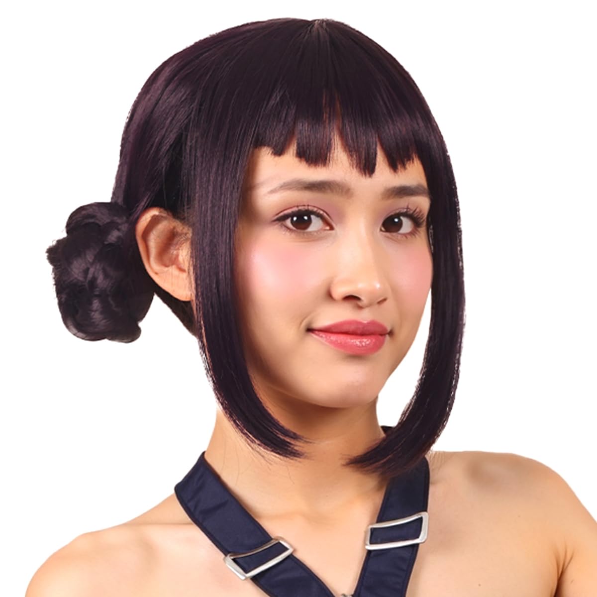 Photo 1 of ColorGround Short Black Purple Cosplay Wig with 2 Buns for Women Halloween Party Costume