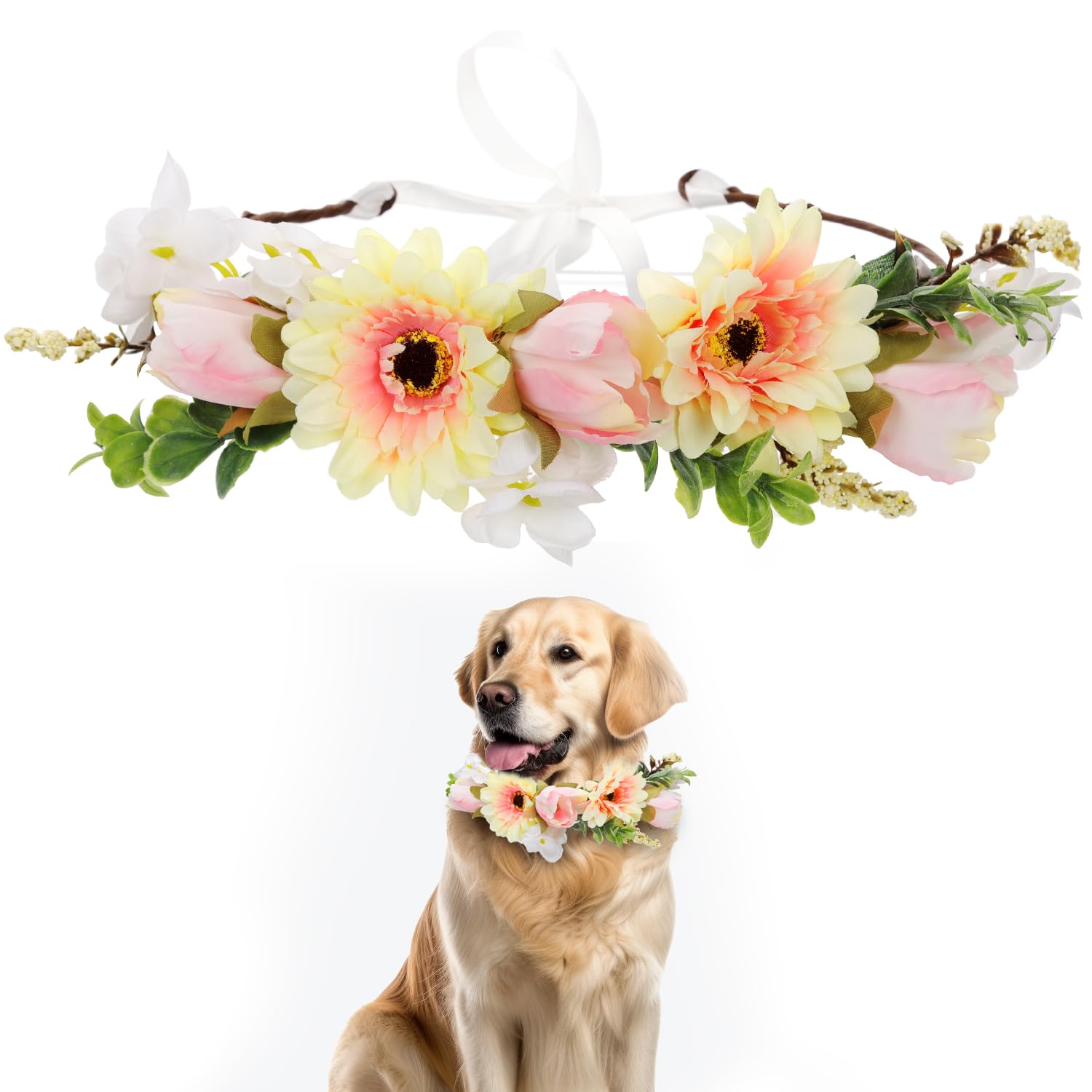 Dog Wedding Flower Collar, Dog Wedding Wreath Bow Pet Dog Flower Garland Floral Dog Attire Photo Props Ring for Dog Pet Wedding Decoration