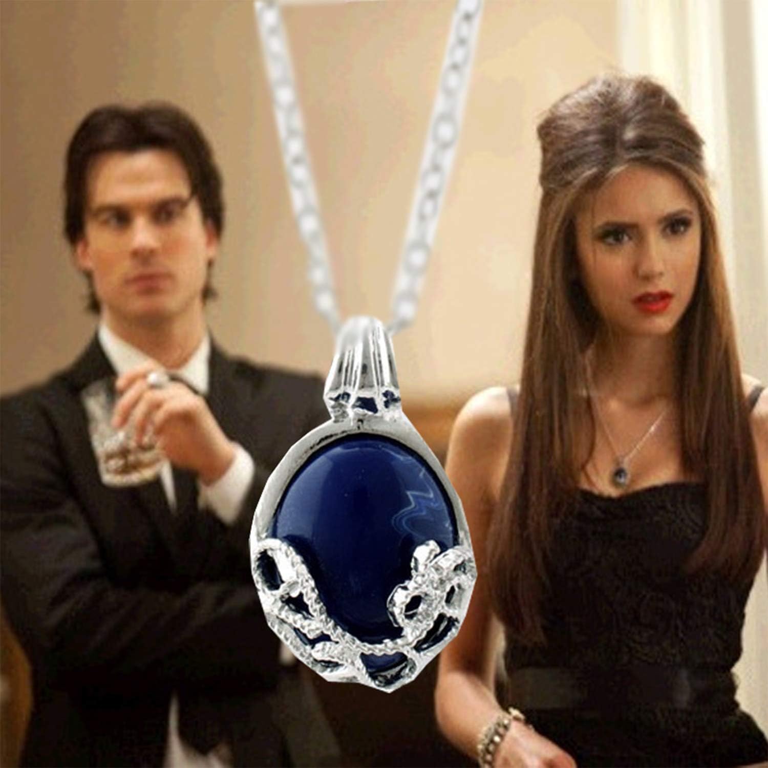 YouU 2 Pcs The Vampire Diaries Elena Gilbert Opening Vervain Locket Pendant Necklace and Daywalking Katherine Necklace Pendant Charm Necklace-Royal Blue with Transparent Box: Clothing