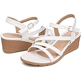 SHIBEVER Wedge Sandals for Women Dressy: White Summer Low Platform Casual Sandals - Comfortable Wedges Ankle Strap Ladies Size 10.5