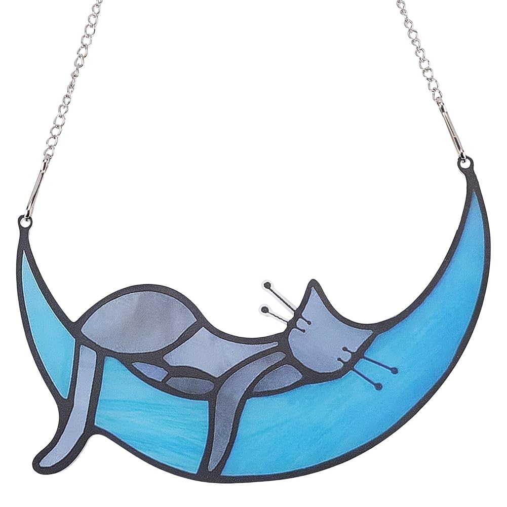 CREATCABIN Cat Moon Ornament Suncatcher Ornaments Acrylic Plastic 6.5" x 4.13" Blue Sleeping Cat on Moon Memorial Handcrafted Sun Catcher Hanging Ornament for Halloween Window Christmas Tree Party