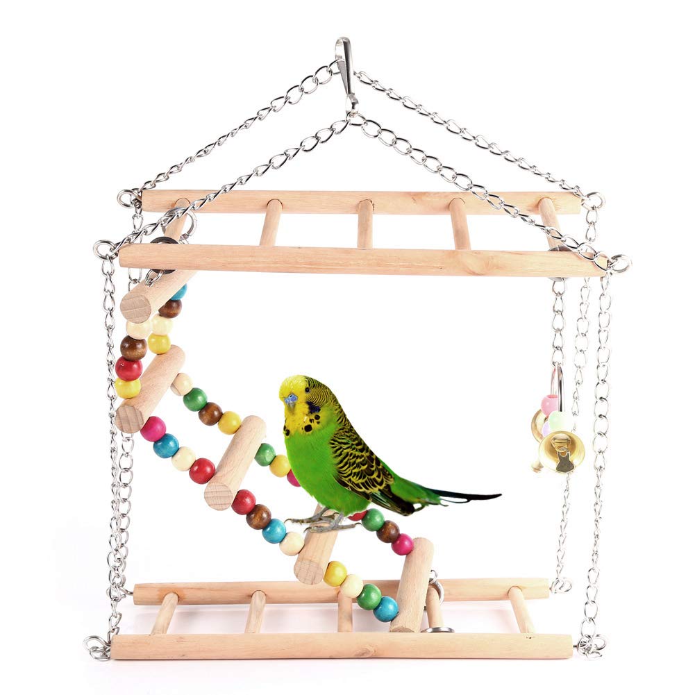 Bird Toys for Parakeets, 2 Layer Bird Wooden Ladder Bridge Parrots Toys Budgie Toys Hammock Swing Parrots Toy Bird Cage Hanging Accessories for Small Parakeets Cockatiels, Lovebirds, Conures