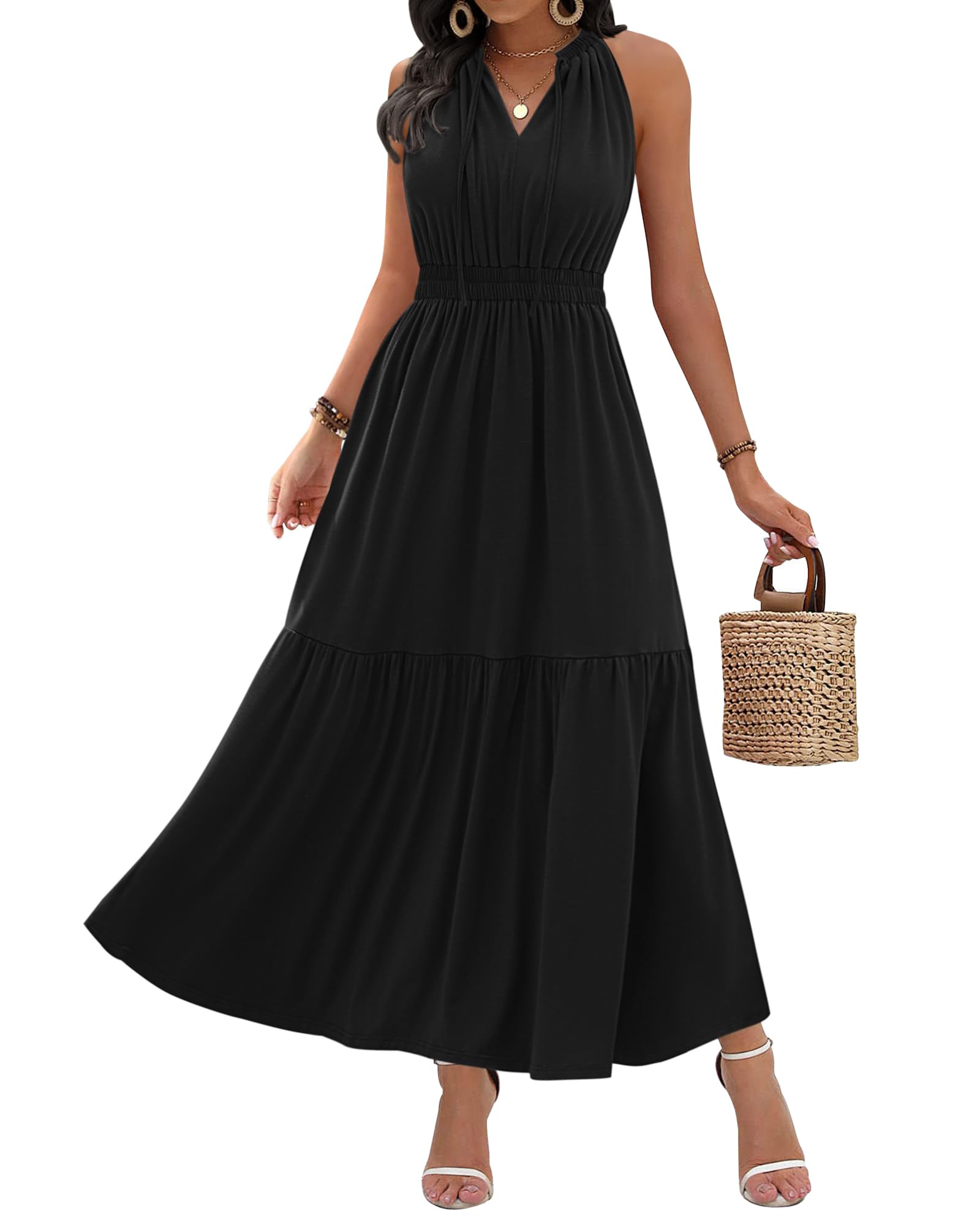 Photo 1 of ZAFUL Women's Smocked Midi Dress for 2025 Summer Spring Fall Casual Long Flowy Tiered Sundress Deep V Neck Strips Elastic Waist Midi Clothes Fashion Beach Vacation Dress, XL Black