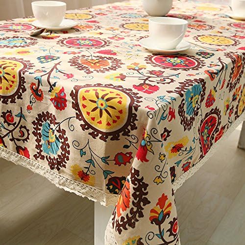 Budding Joy Rectangular Damask Pattern Decorative Macrame Lace Tablecloth Heavy Weight Cotton Linen Fabric Decorative Table Top Cover (55" 70", Sunflower)