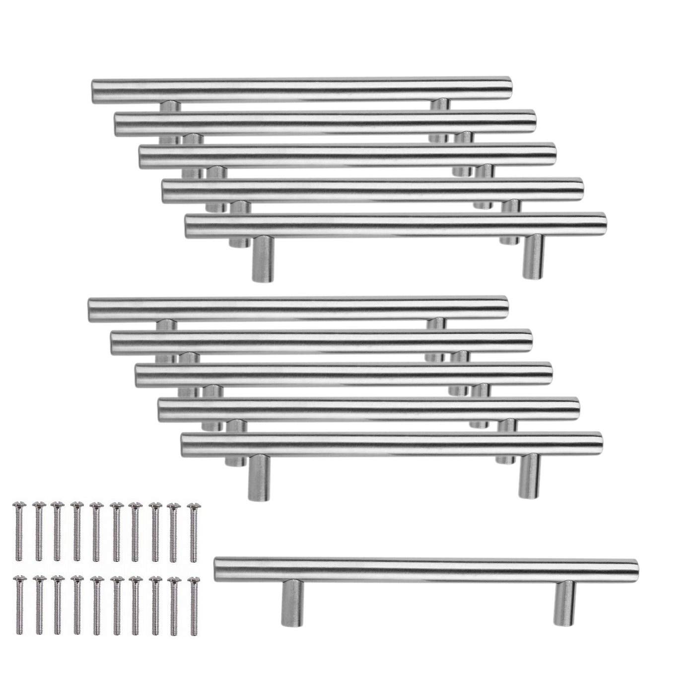 JZK 10 x Stainless Steel Kitchen Cupboard Door Handle 128mm Hole spacing, Brushed Steel T bar Handle for Wardrobe Door Kitchen Drawer Door Handles