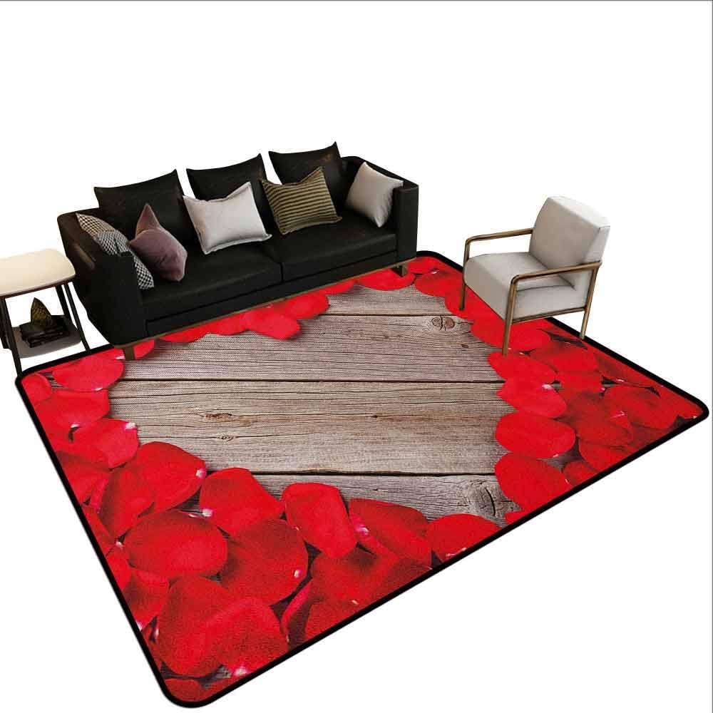 MsShe Transparent printed doormat Rose,Valentines Rose Petals on Wood Planks Forming a Heart Shape Romance Love Passion, Vermilion Cocoa