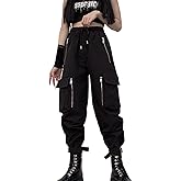 MEINVQIAOTI Black Cargo Pants Women Loose Chained Multi-Pocket Multi-Zip Punk Goth Pants