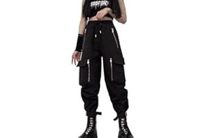MEINVQIAOTI Black Cargo Pants Women Loose Chained Pants Multi-Pocket Multi-Zip Punk Goth Pants