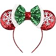 LSHDXD Christmas Mouse Ears Bow Headband Hair Hoop, Glitter Snowflake Hair bands for Christmas Party Supplies Hot Pink Princess Dress Up