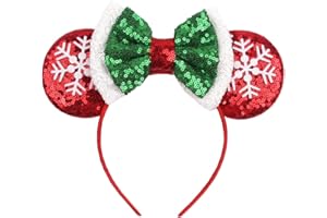 LSHDXD Christmas Mouse Ears Bow Headband Hair Hoop, Glitter Snowflake Hair bands for Christmas Party Supplies Hot Pink Princess Dress Up
