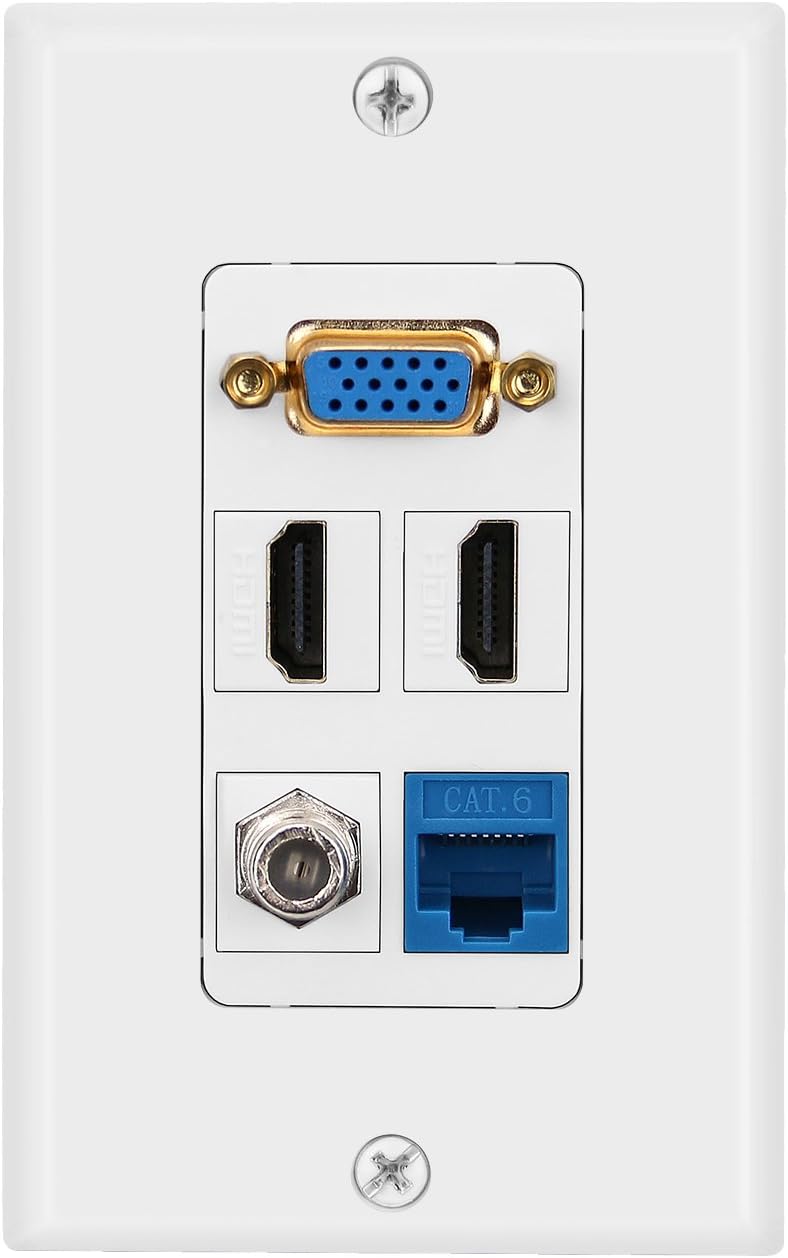 IMONTA 1-Gang 5 Port Wall Plate, 2 HDMI HDTV + CAT6 Ethernet RJ45 + VGA Female + Coaxial Cable TV F Type Keystone Face Plate White