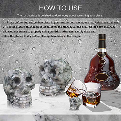Vodolo (2 Pack) Whiskey Stones - 100% Natural Pure Granite Skull Bone Chilling Rocks for Whiskey Scotch Vodka Beverage Wine Stones, Reusable Hand Carved Chill Stones with Gift Box - Thumbnail 3
