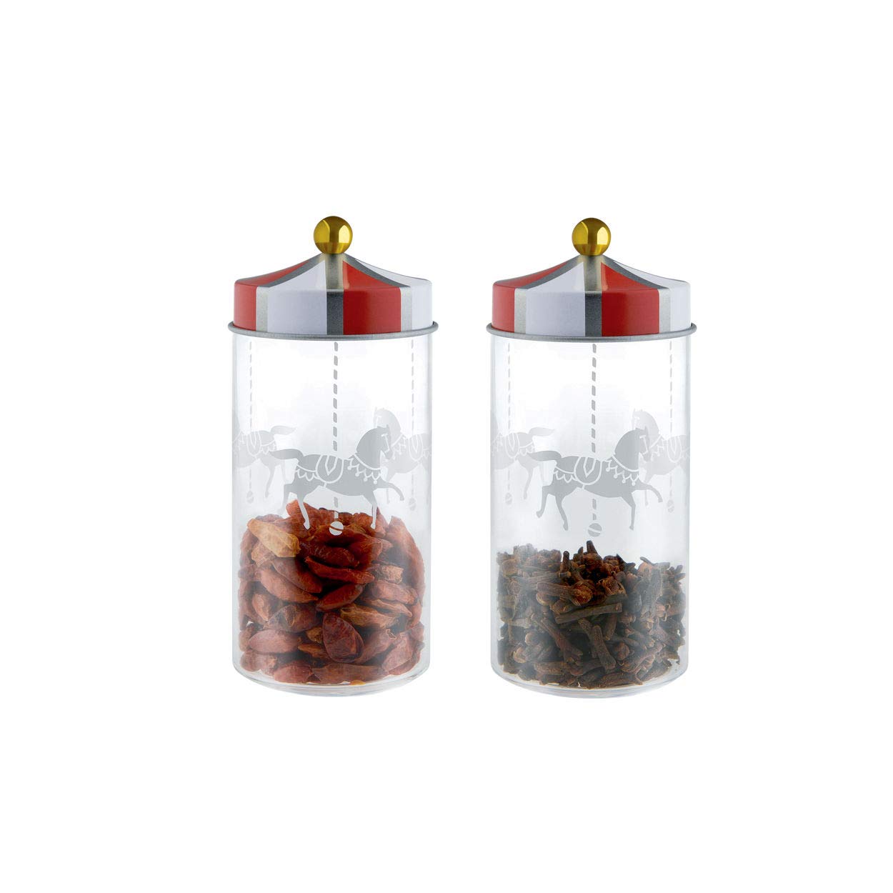 Alessi Circus Mw68S2 - Design Spice Jars In Silk-Screen Glass With Hermetic Lid In Tinplate, Set Of 2