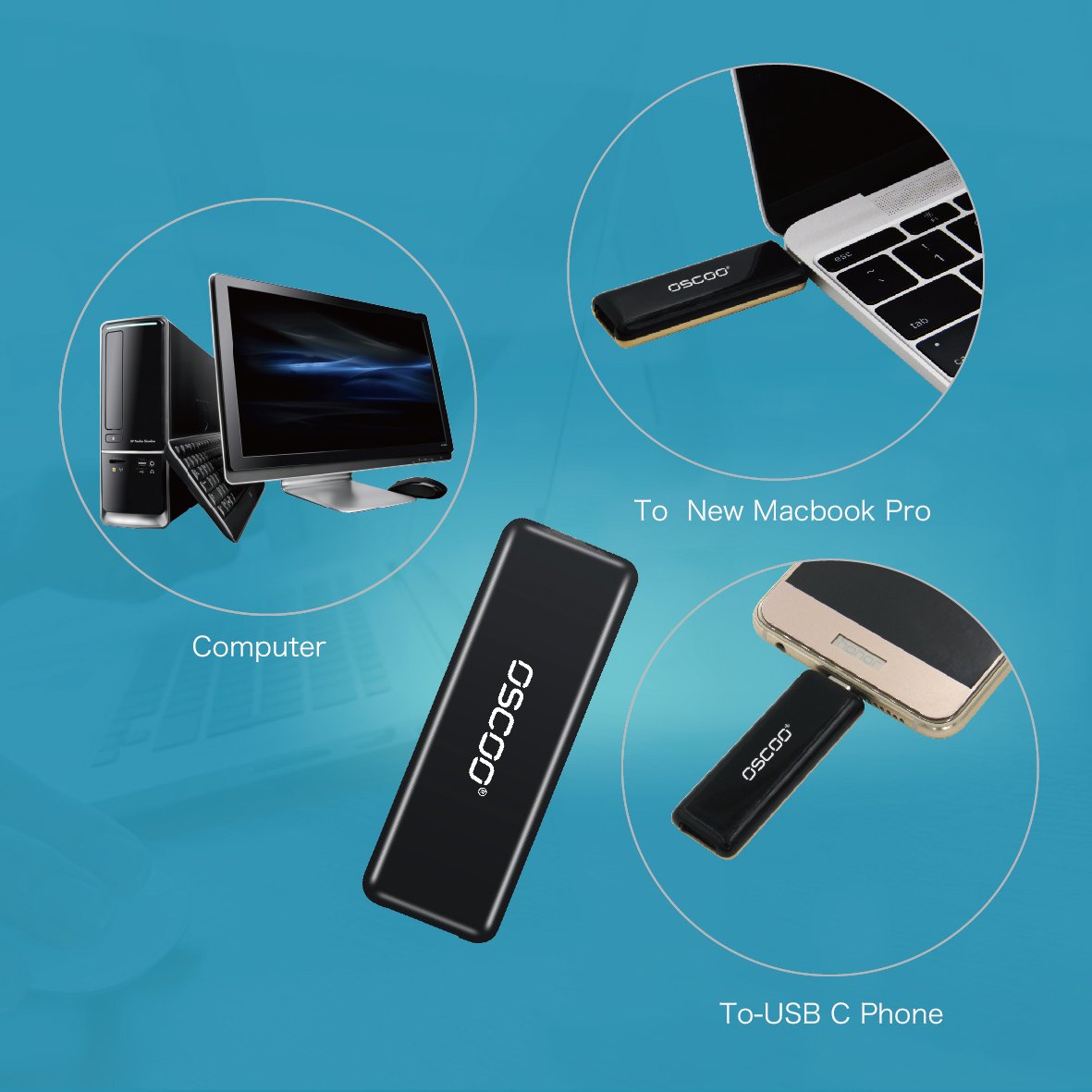 oscoo Dual USB flash drive per Type-C 3.1 + USB 3.0 (Oro e Nero) 64 Gb