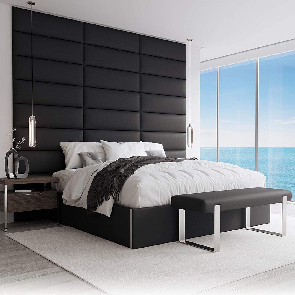 VANT Upholstered Accent Wall Panels-Packs of 4-Easy to Install-Twin-King Size Headboard (76cm Wide, Vintage Leather Jet Black)