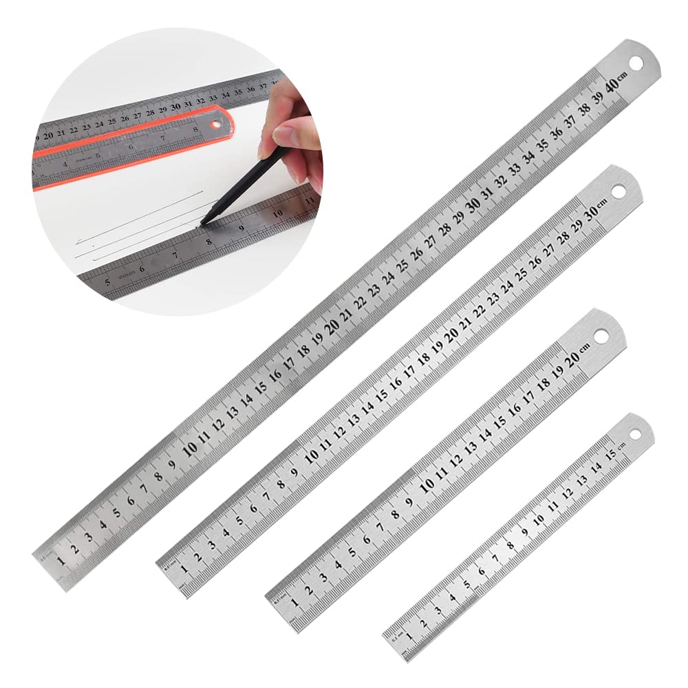 HIQE-FL Stainless Steel Ruler, Set of 4, 15cm-40cm, Double-Sided Scale Edge, Metal Ruler, Durable, Metric