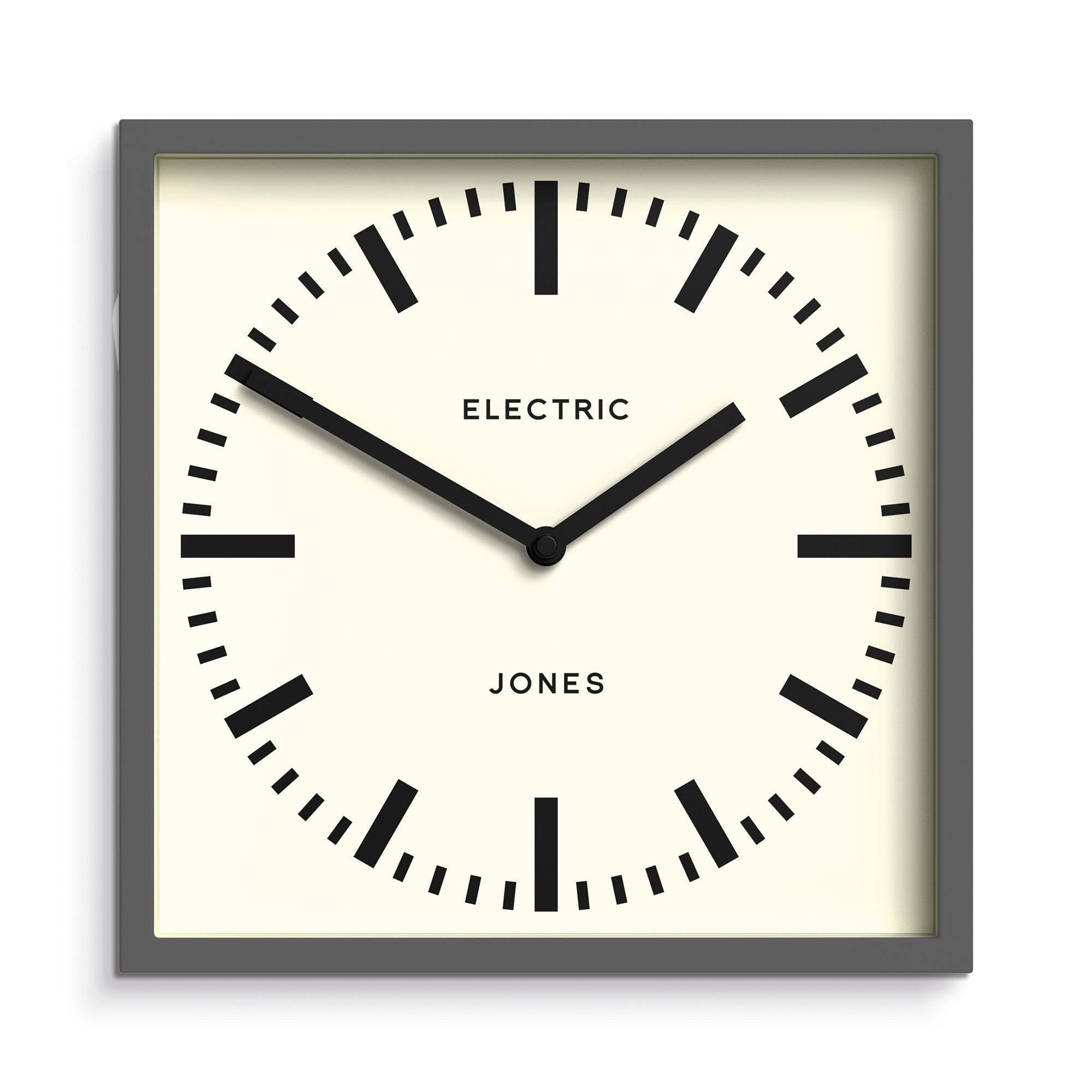 Jones Clocks® Box railway wall clock | Square station clock | 25cm | Dark grey | Cool designer look for kitchen, living room or office